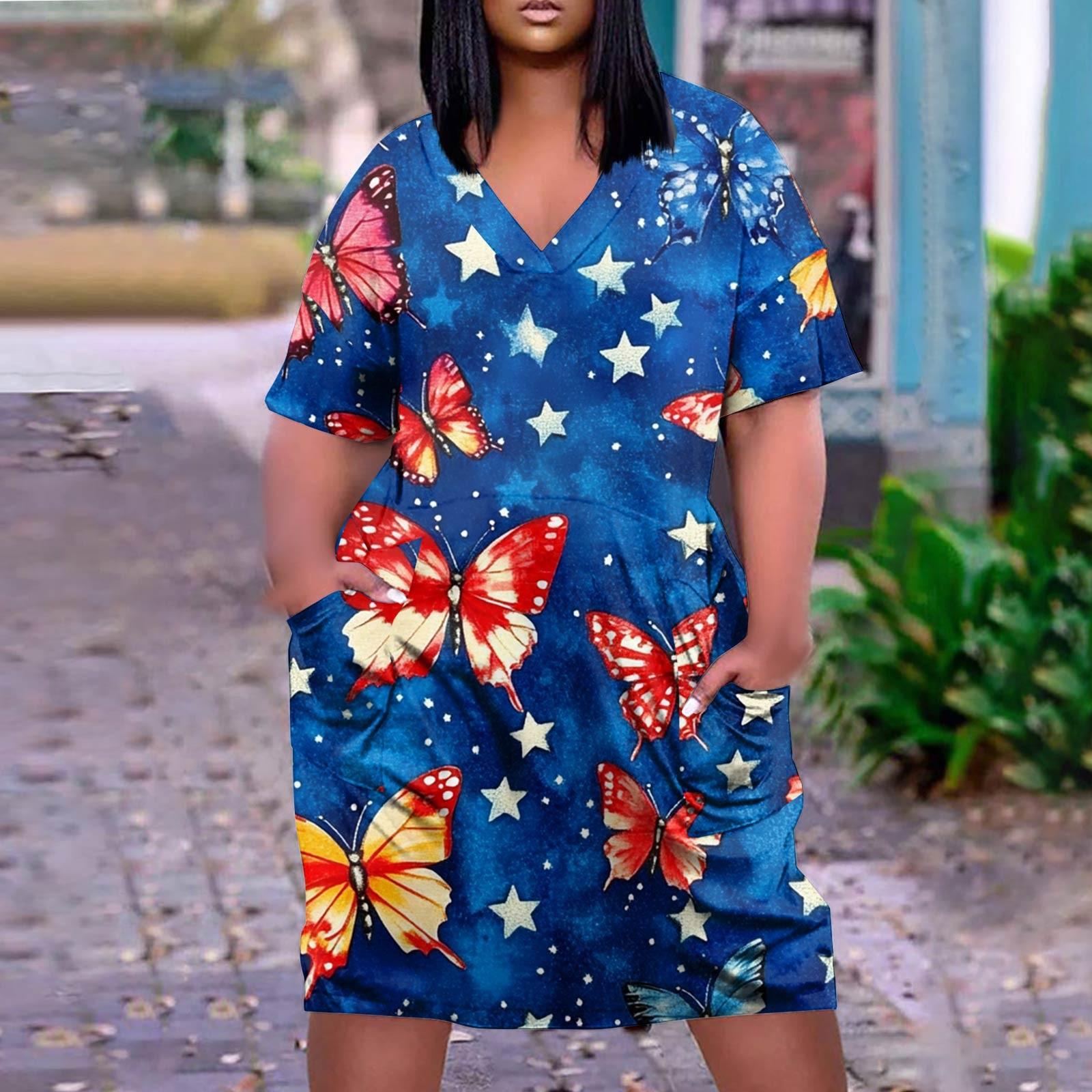 

Summer Plus Size V Neck Short Sleeve Knee Pocket Gradient Print Casual Dress For Women XL синій