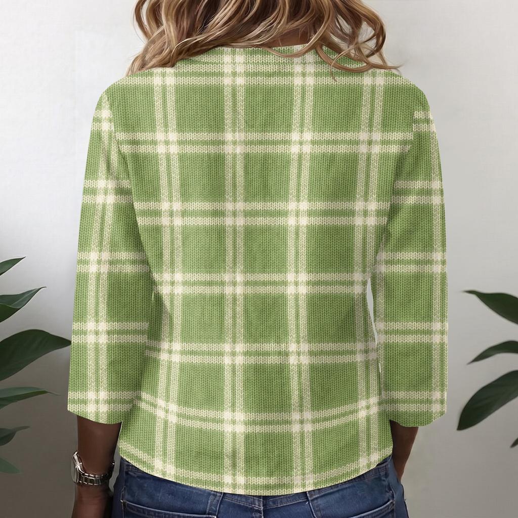 Women's Cotton Linen Shirt with Printed Pattern, Three-Quarter Sleeve Casual Blouse for Everyday Wear