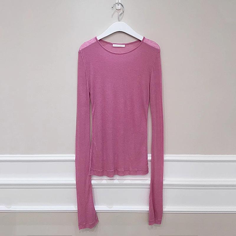 Dámské univerzální zakrývací tričko s dlouhým rukávem a kulatým výstřihem, základní vrstva, tenké, mírně průsvitné, pohodlný pletený top