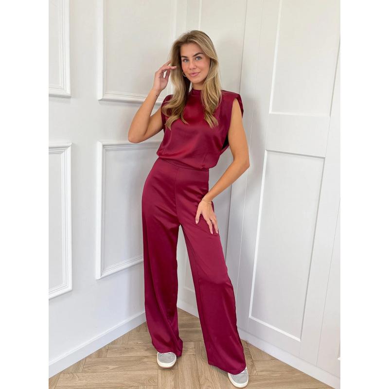 Women's Sleeveless High Neck Satin Jumpsuit with Wide Legs In Navy Blue
