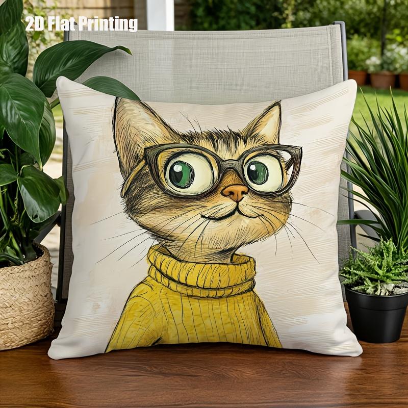 

Cute Cat with Glasses Pillowcase Yellow Sweater Cartoon Kitten Cushion Cover Funny Animal Home Decor Living Room Sofa Throw 40cmx40cm