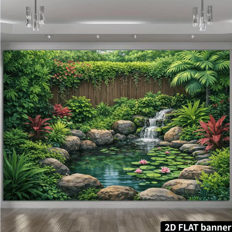 2D Lush Jungle Waterfall Backdrop with Lily Pads for Studio Photoshoot