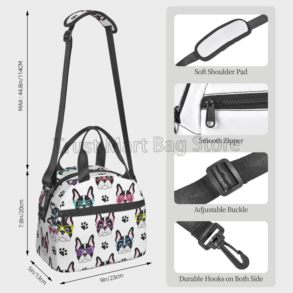 Cute French Bulldogs with Glasses Pattern Insulated Lunch Bag for Teens School Picnic Reusable Portable Thermal Bento Tote Bags