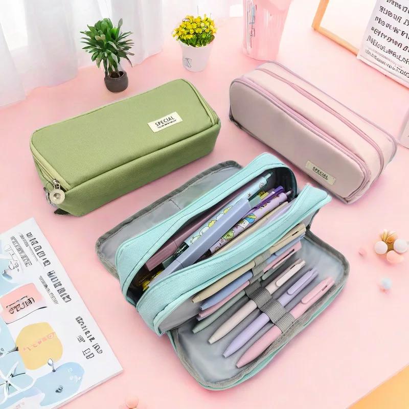 Multi Layer Student Pencil Case Large Capacity Multifunctional Storage Bag Canvas Macaron Colored Stationery Bag Pencil Case