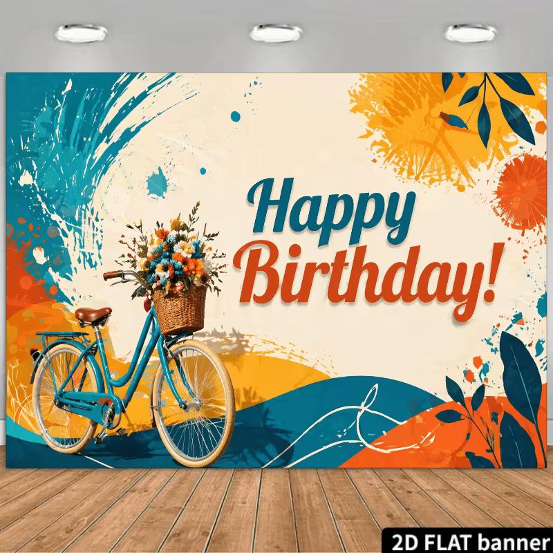 2D Vintage Bike Birthday Backdrop, Teal & Orange Floral Photography Background for Party 47.2x31.5inch/120*80cm