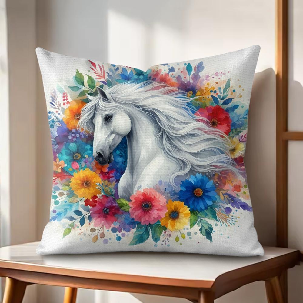 Watercolor Horse Floral Cushion Cover Natural Linen Organic Fabric DoubleSided Printing Couch Pillow Covers Home Decor