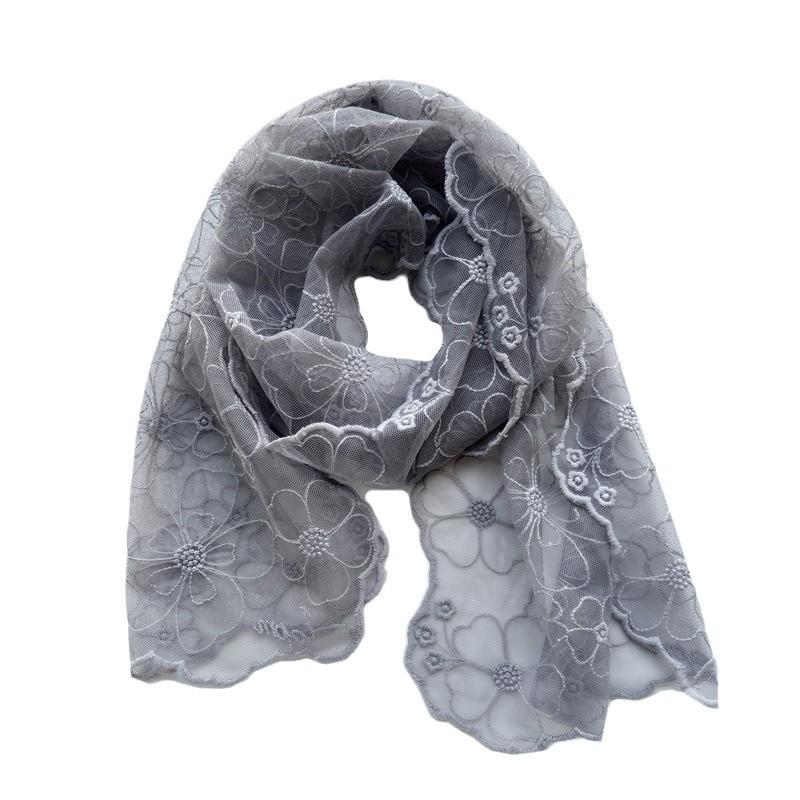 Spring and Autumn Scarf Korean Thin Style Fresh and Elegant Retro Embroidered Lace Scarf Solid Color Versatile Gauze Scarf