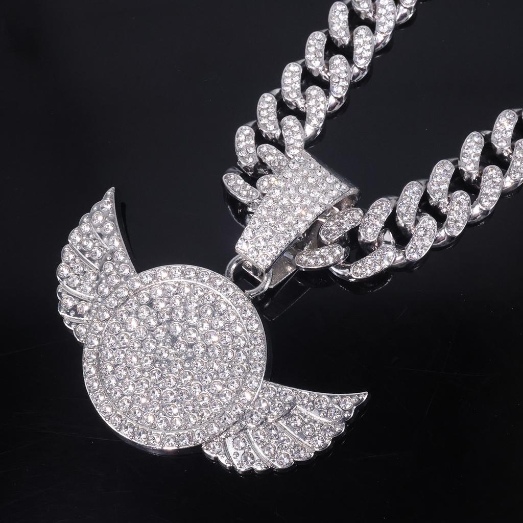 New Alloy Full Rhinestone Round Tag Wing Pendant Necklace, Men High-end Rap Hip Hop Fashion Jewelry