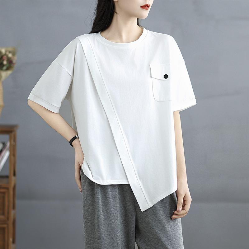 Dimanaf 2025 Nou Tricou de Vară pentru Femei Mărimi Mari Gât O Mânecă Scurtă Larg Topuri de Bază Casual Tricou Asimetric