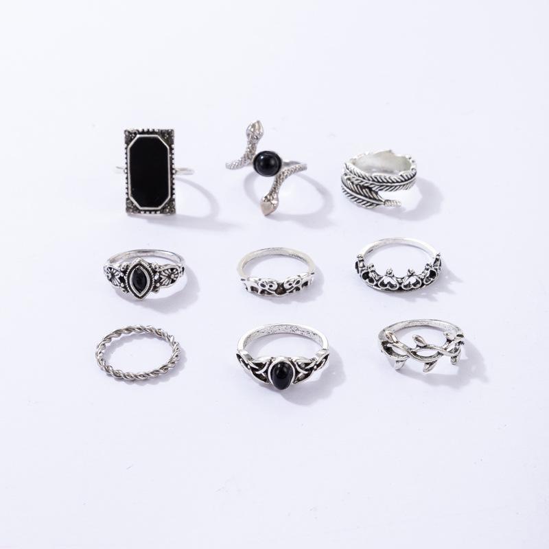 New European and American vintage black gemstone set nine-piece ring set Geometric snake-shaped crown leaf ring set