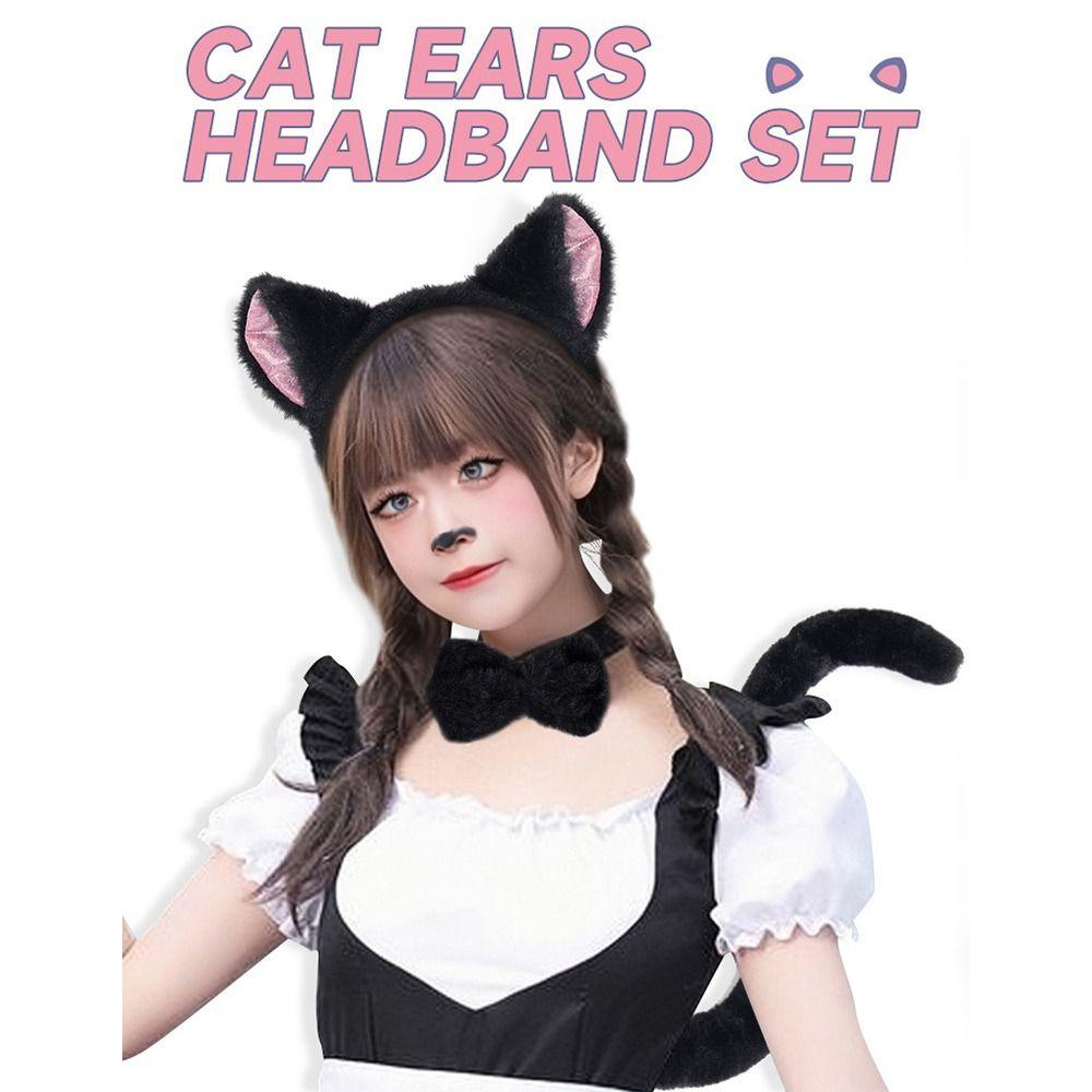 Halloween Cosplay Katzenohren und Schwanz Set Feiertags-Maskerade Tier Stirnband Pfoten Handschuhe Schwanz Fliege Katze Cosplay Kostüm