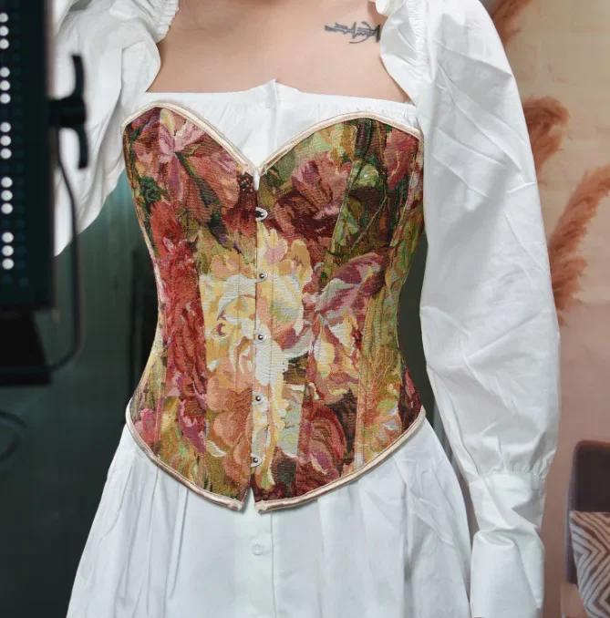 Corsé Floral Vintage para Mujer Top Denim Overbust con Cordones Corselet con Ballenas Lencería Moldeador Corporal Bustier