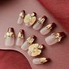 Rose Forest Golden Feather Handmade Wearable Nails: Luxurious French Stickers with Rhinestones for White-Enhancing Manicure.