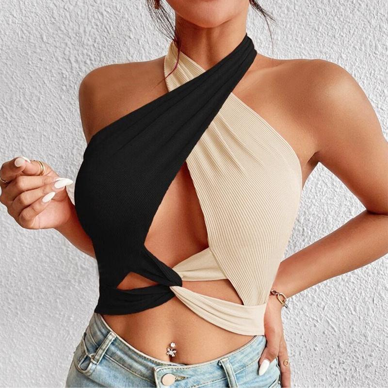 Women Summer Tank Tops Knit Sexy Black White Cross Halter Neck Push Up Hollow Crop Tops High Street Wear 2025 New Fashion