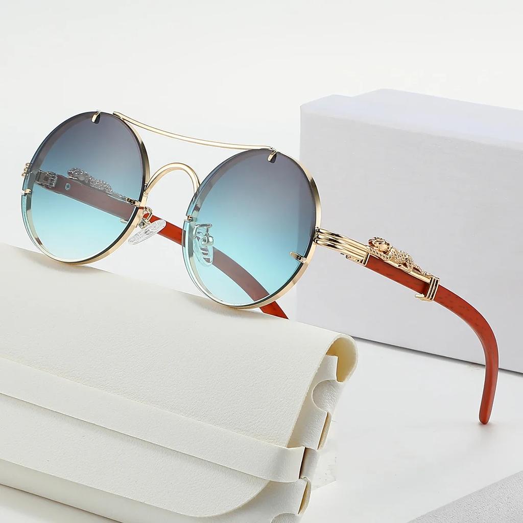 New Fashion Round Double Beam Leopard Head Men'S Sunglasses Luxury Metal Frame Women'S Multi Color Outdoor Travel Sunglasses