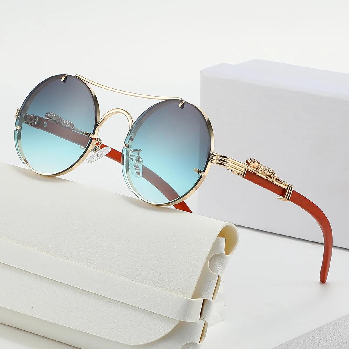 

New Fashion Round Double Beam Leopard Head Men s Sunglasses Luxury Metal Frame Women s Multi Color Outdoor Travel Sunglasses
