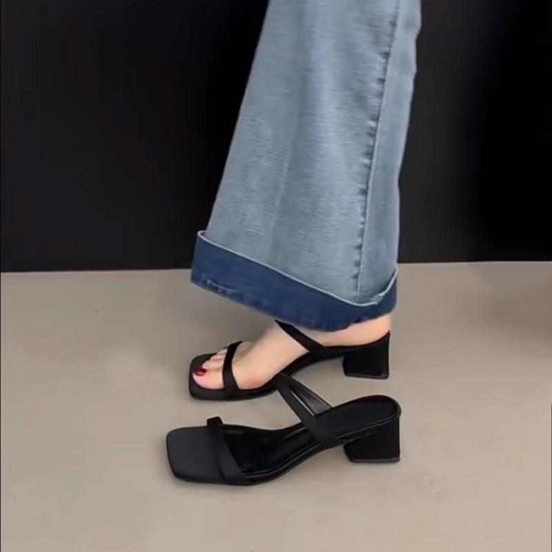 Fashion 2025 New Summer Square Toe Slip on Women Slippers Ladies Elegant Outdoor Street Style Thick Heel Slides