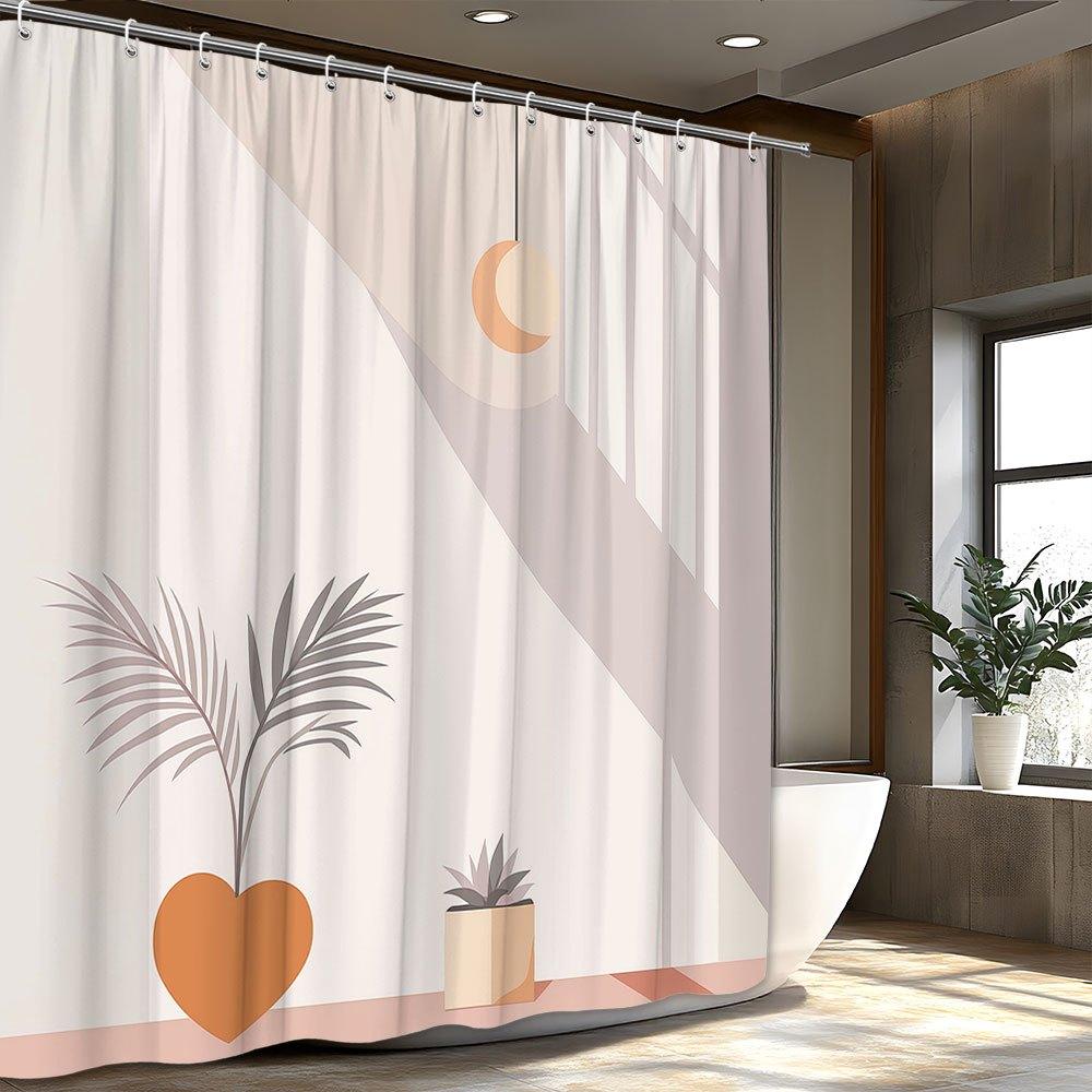Minimalist Shower Curtain - Pastel Beige, Palm & Succulent Design, Geometric Style, Polyester