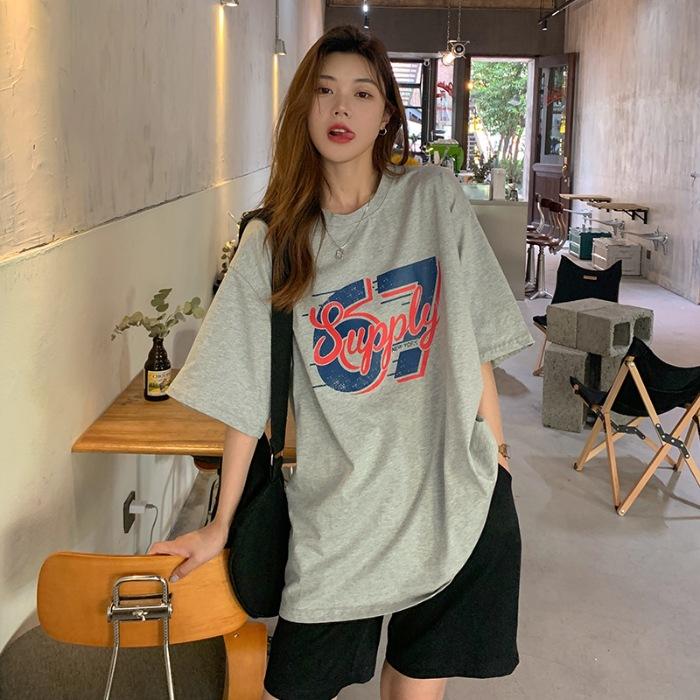 

Pure cotton, summer new loose casual retro letter printing medium and long short-sleeved t-shirt women s trend M светло-серый