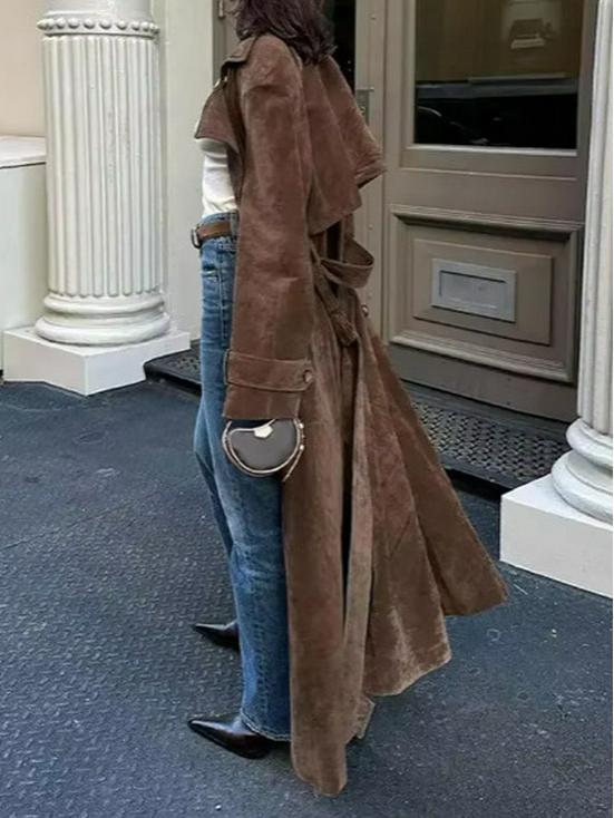 Vintage French Temperament Women's Brown Tie-Belt Long Coat - Autumn/Winter 2026 Collection