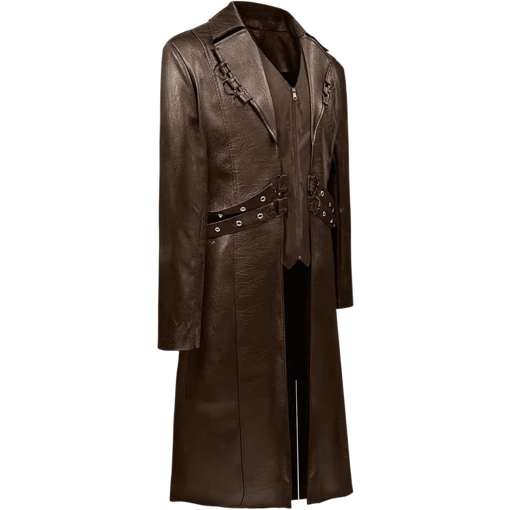 European and American retro medieval long PU leather trench coat men's halloween cosplay punk locomotive leather jacket