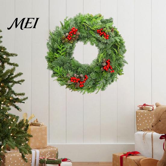 Holiday Scene Setting Wall Decals Christmas Garland Sticker, Pine And Cypress Branch Decal with Red Berries & Versatile Festive Room Accents
