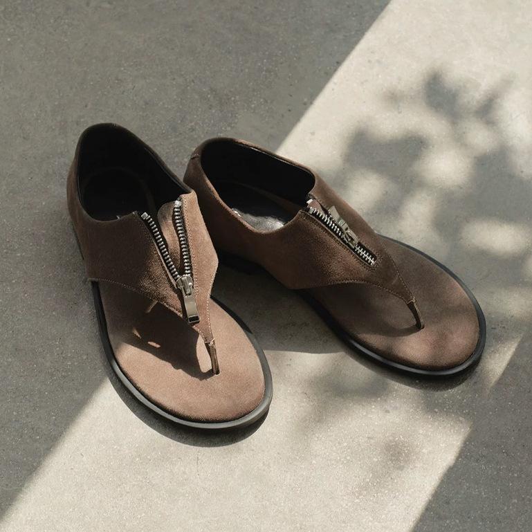 Sheepskin Korean Version Niche Retro Toe Herringbone Sandals Women's Summer Wear Round Head Flat Bottom Zipper Suede Beach Shoes