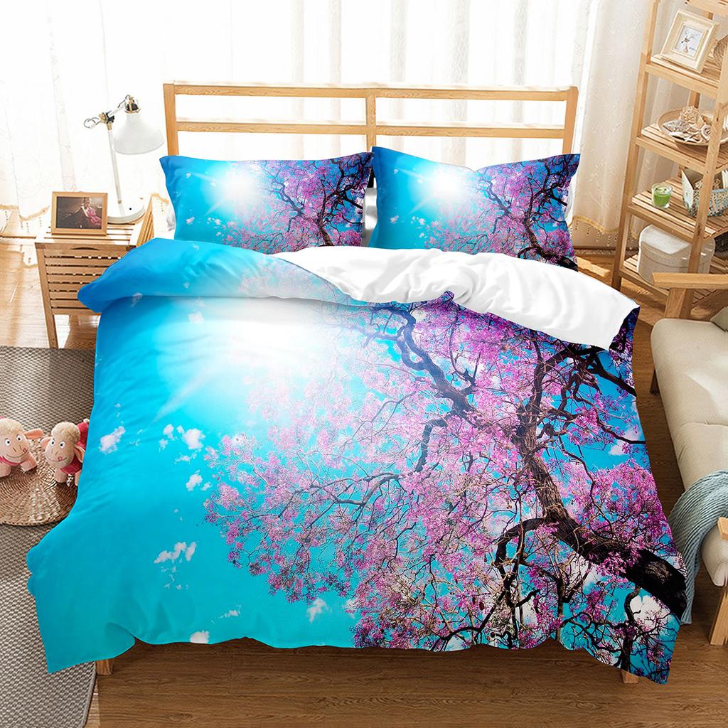 Kirschblüten-Bettbezug-Set, King-Queen-Größe, rosa Blumen-Polyester-Bettbezug für Kinder, Teenager, Erwachsene, Bettwäsche-Set