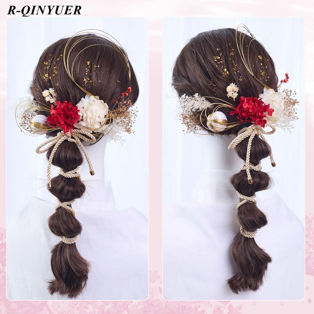 [R-QINYUER] Hair Accessory for Graduation, Coming-of-Age Ceremony, Dried Flowers, Mizuhiki (decorative cord), Gold Leaf, Antique Berry, Baby's
