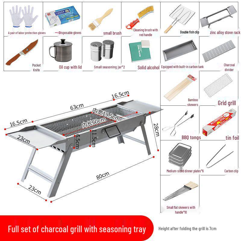 Tragbares faltbares Grillset: Verdickter Holzkohlerost für Picknicks im Freien