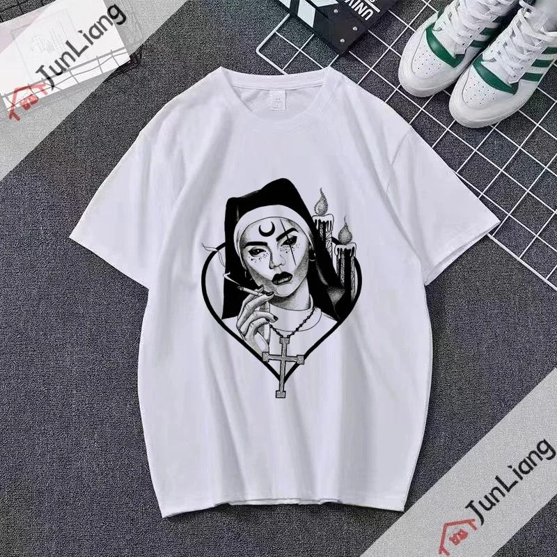 Smoking and Drinking Nuns Religious T-shirt, Cute Unisex T-shirt Short Sleeved Summer Crew-neck Plus Size Breathable Clothing