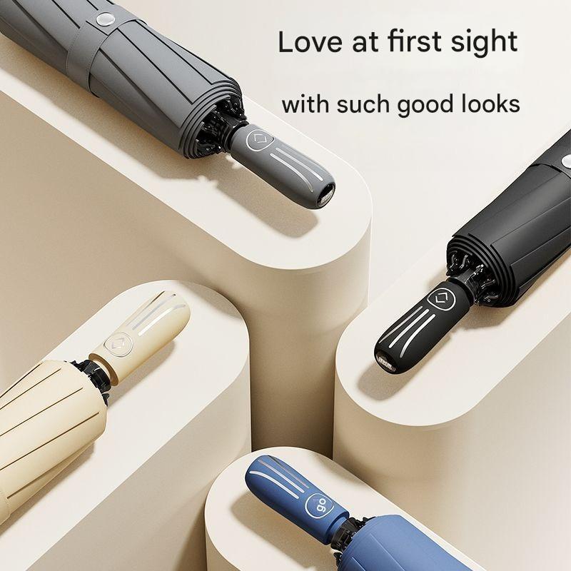 Fully Automatic Tri-fold Umbrella Enlarged Thickened Reinforced Wind Rain Resistant Black Vinyl Sun Protection Umbrella