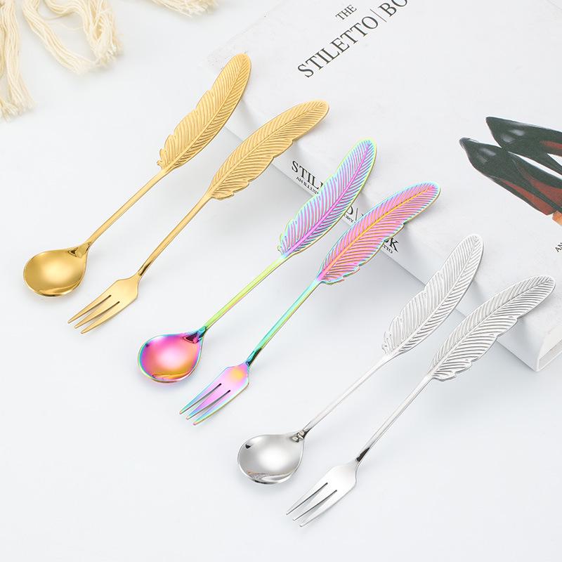 Creative Feather Stainless Steel Fork & Spoon Set for Dessert and Coffee