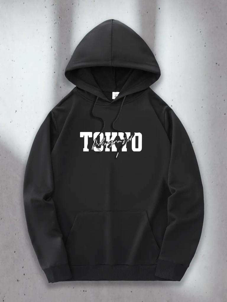 Men's Tokyo Graphic Hoodie with Japanese Text & Drift Racing Car Print - Urban Streetwear Pullover Sweatshirt, Kangaroo Pocket