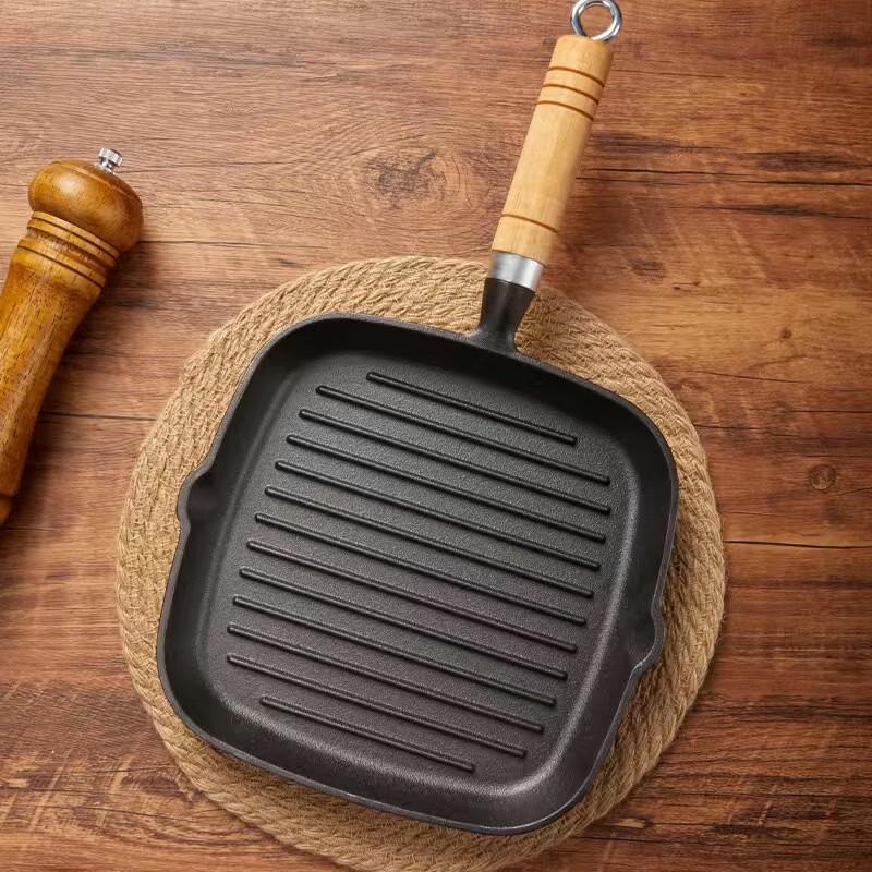 Zhishi Square Cast Iron Grill Pan with Wooden Handle & Lid