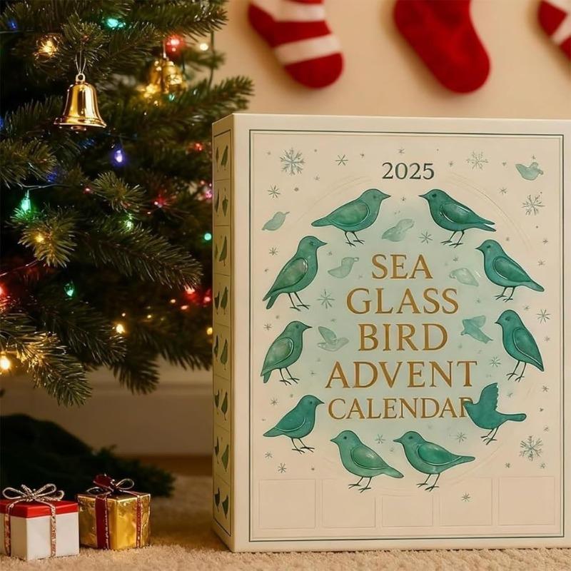 2D Flat Arcylic Sea Glass Bird Advent Calendar 2025, 24 Day Coastal Christmas Countdown with Handcrafted Sea Glass Ornaments, for Beach Nature Lovers