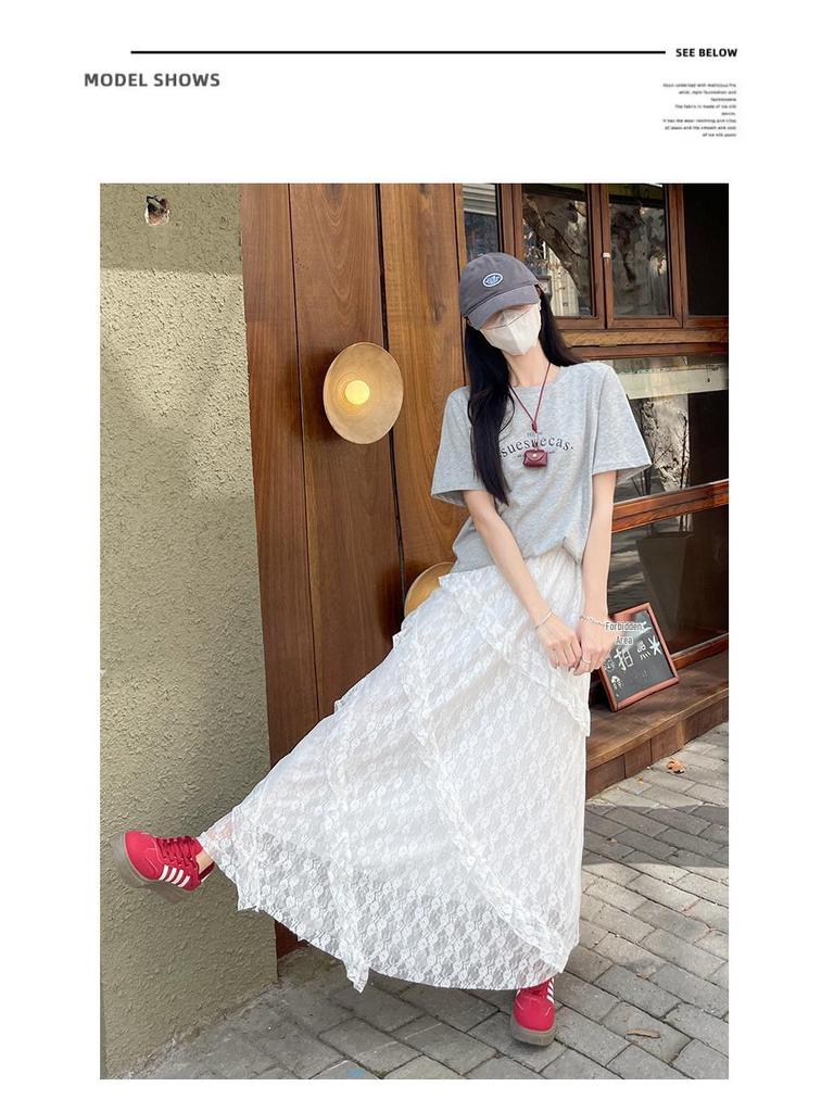 Women's White Lace A-Line Irregular Long Skirt, Spring/Autumn 2026 Collection