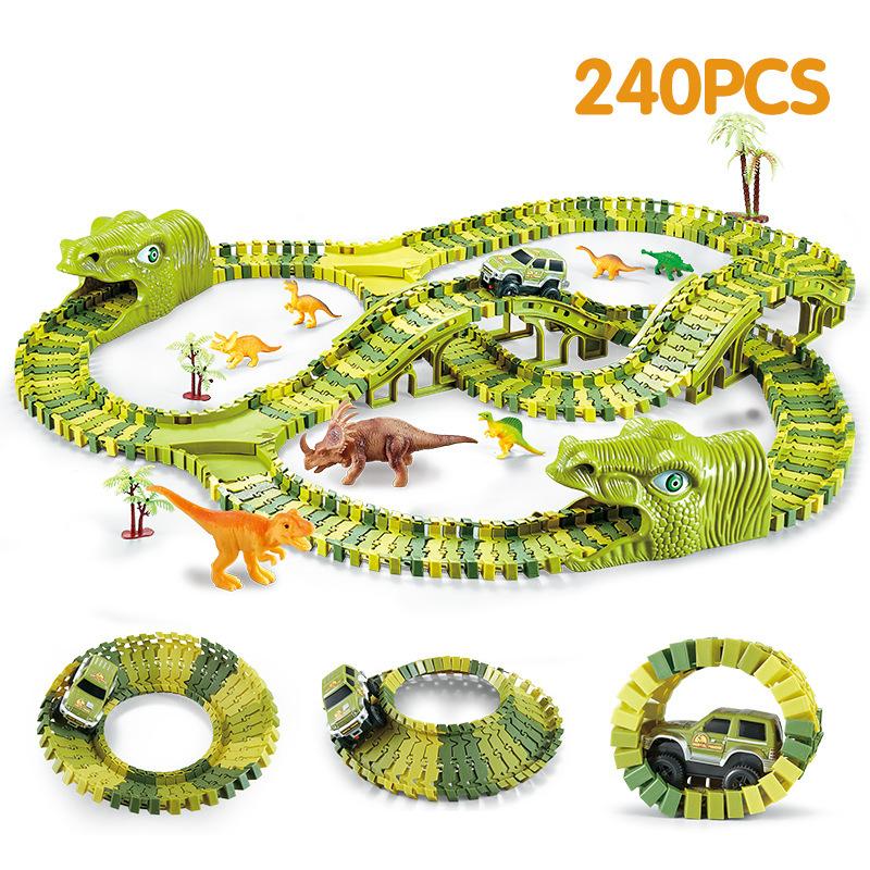 Dinosaur Race Track Set Rail Car Toys Assembly Bend Flex Racing Track Led Electronic Flash Light Car Toys for Children
