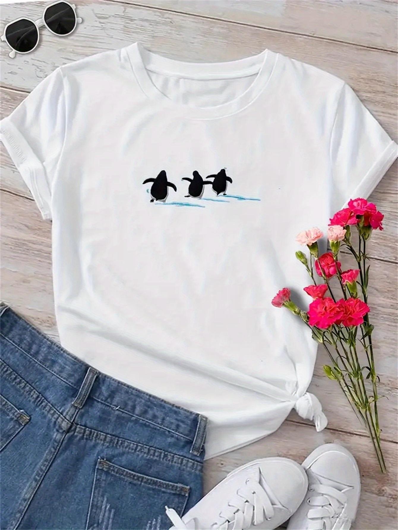 

And American Style WomenS RoundNeck TShirt Featuring Print of Three Penguins Forward in Silhouette Aesthetic Clothes S