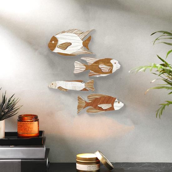 4 Pcs Wooden Fish Wall Decor Nautical Coastal Theme Fish Wall Sculpture Vintage Lake House Ocean Ornaments for Bedroom Bathroom Living Room