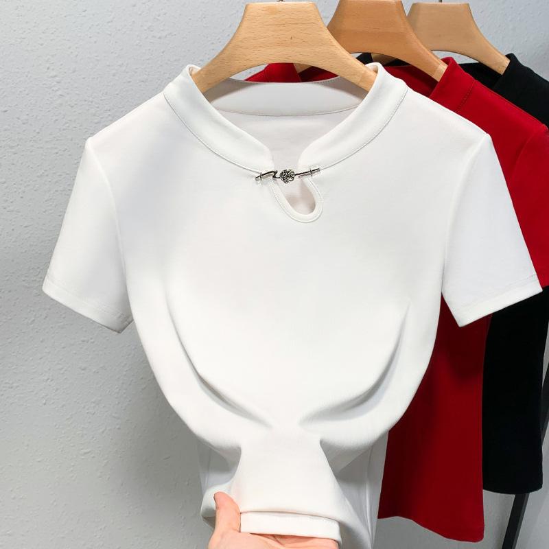 

Футболка с короткими рукавами и воротником-стойкой. Новая женская одежда. Новая китайская однотонная хлопковая футболка с застежкой на пуговицы. 3XL