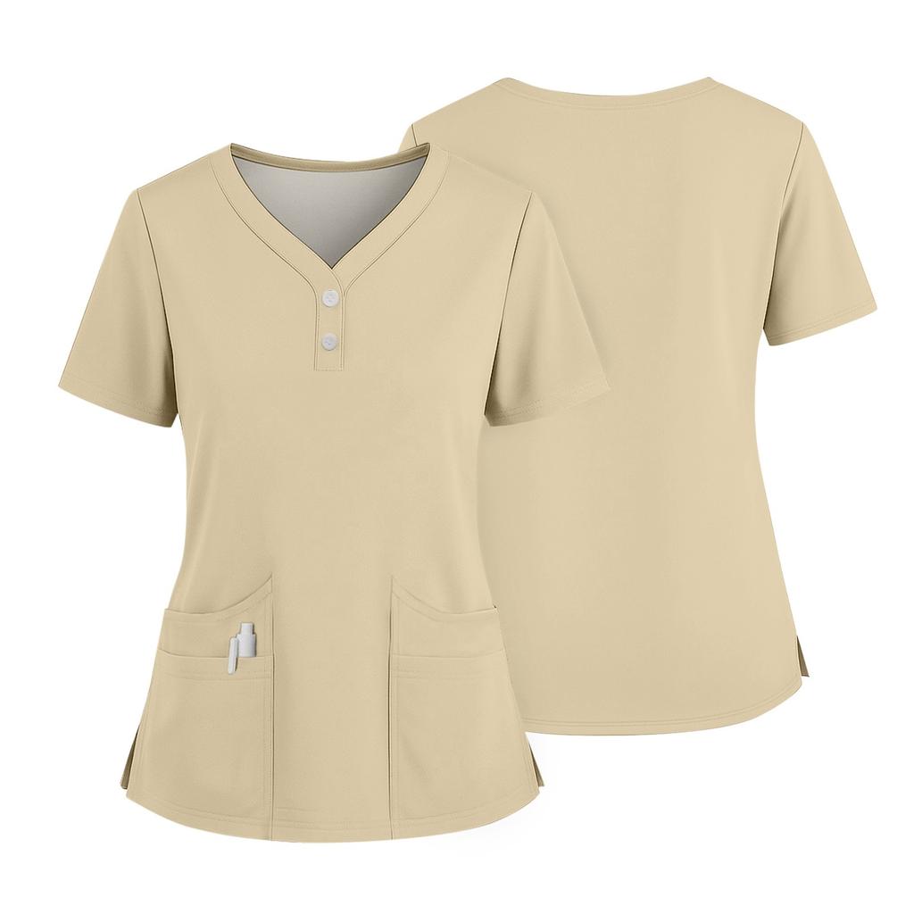 Women's Short Sleeved Solid Color V-neck Buttonable Side Slit Top T-shirt
