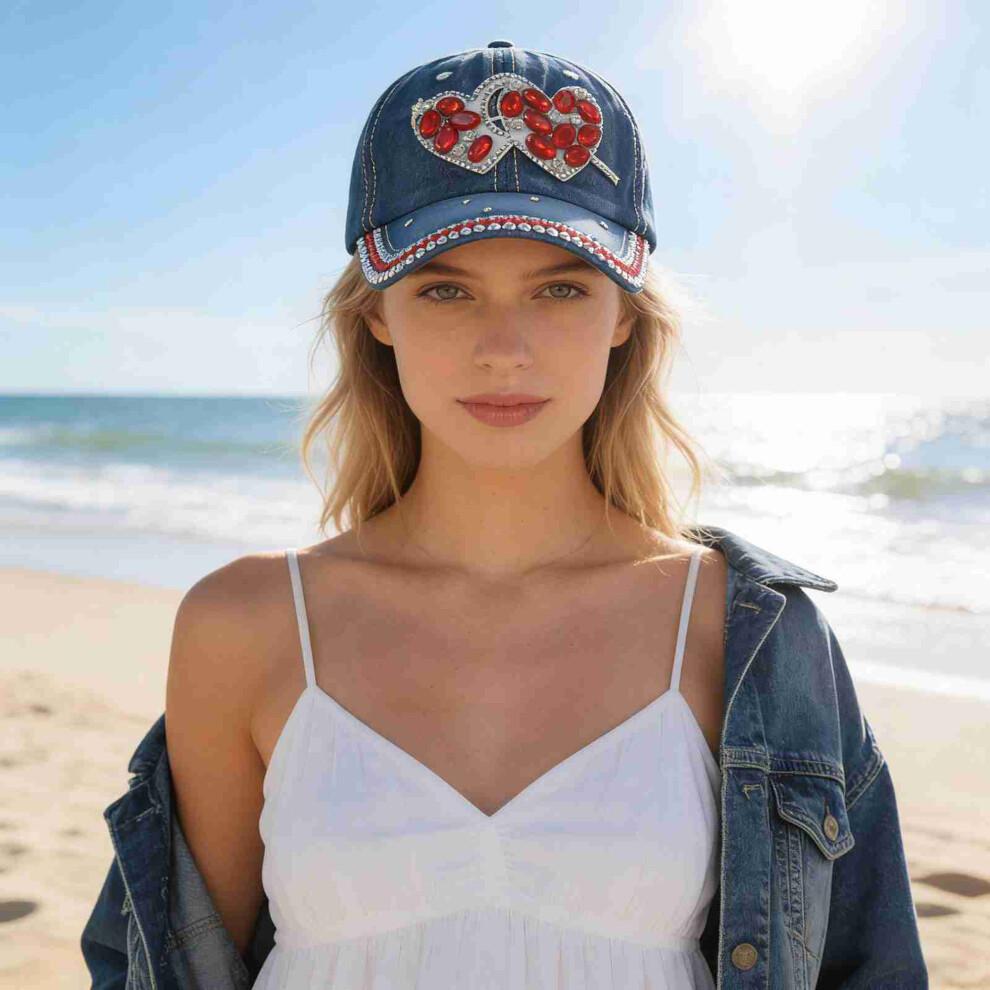 (M, Blue) Denim Baseball Cap Rhinestone Heart Low Profile Hat Trendy Adjustable Sun Hats for Men Women