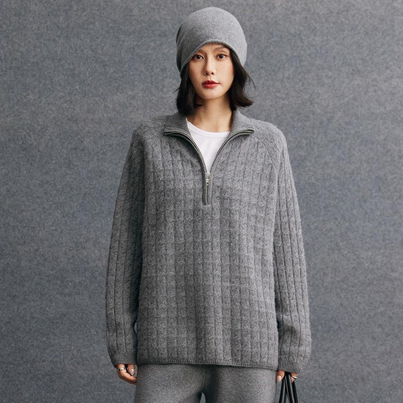 2026 Autumn Cashmere Loose Half-Zip Cable Knit Lapel Sweater for Women