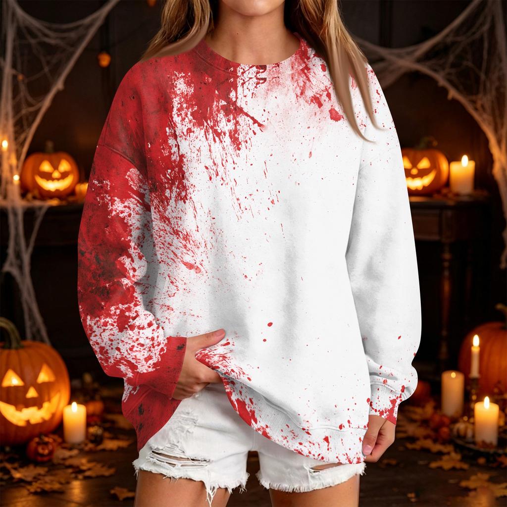 Women's Casual Round Neck Sweatshirt with Halloween Print, Long Sleeve Pullover for Festivals