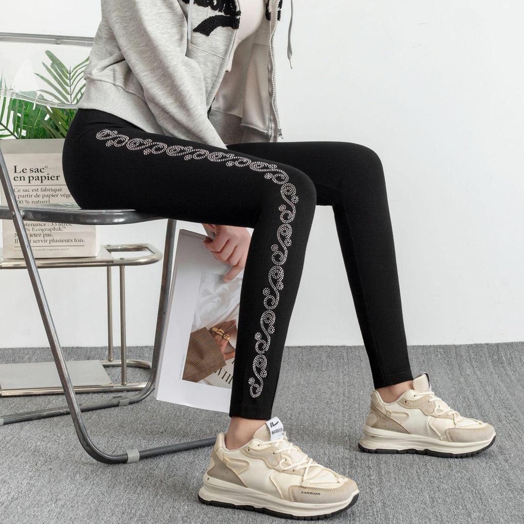 Shiny Rhinestone Side Stripe Modal Leggings - High Elasticity Yoga Pants for Women.