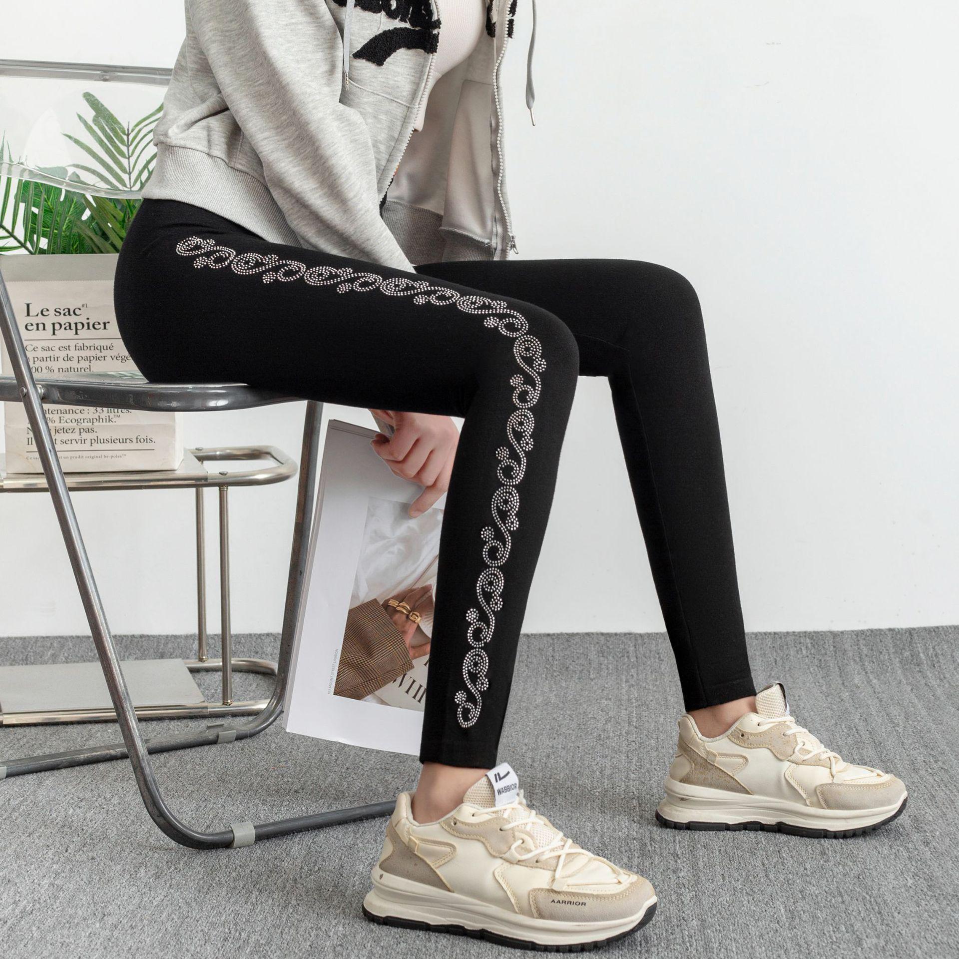 

Shiny Rhinestone Side Stripe Modal Leggings - High Elasticity Yoga Pants for Women. One Size