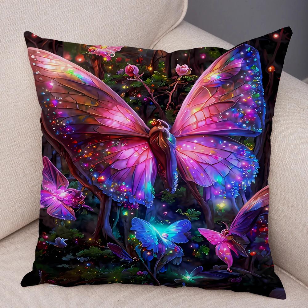 Tecknad Blomma Fjäril Djur Kuddfodral Dekor Blomma Kuddfodral för Soffa Hem Bil Fantasi Skog Mjuk Plysch Kuddfodral