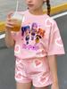 Girls' Pink Neon Heart-outline K-pop Idol-style Two-piece Outfit: a Crew-neck Short-sleeve T-shirt Paired with Heart-print Short