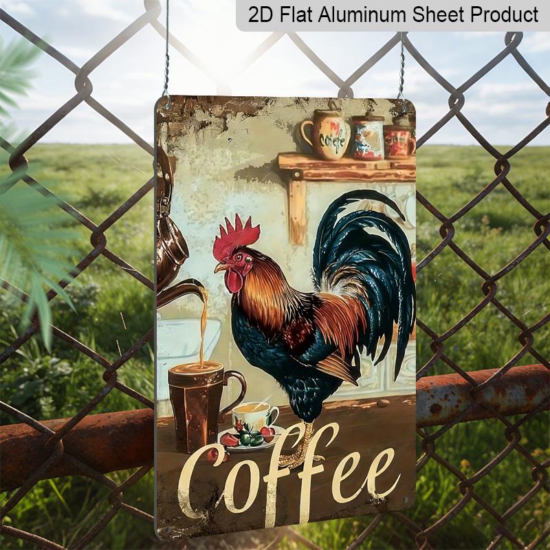 2D Flat, Vintage Rooster & Coffee Sign - 8x12 Inch, Weather-Resistant Aluminum Wall Decor with "Coffee" Text, Rustic Farmhouse Style for Kitchens